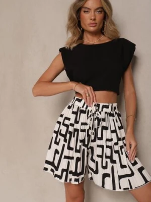 Czarno-Białe Szorty z Wiskozy High Waist Ozdobione Geometrycznym Wzorem Lirazea defox