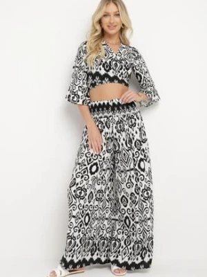 Czarno-Biały Bawełniany Komplet Kopertowy Top z Wiązaniem Szerokie Spodnie z Gumką w Pasie Viknie