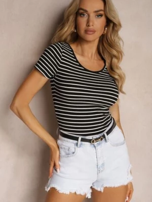 Czarno-Biały Bawełniany T-shirt Koszulka w Paski z Krótkim Rękawem Fralea by swan