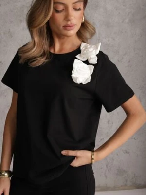 Czarno-Biały Bawełniany T-shirt o Klasycznym Kroju z Kwiatowymi Aplikacjami 3D Morgane ambitionfly