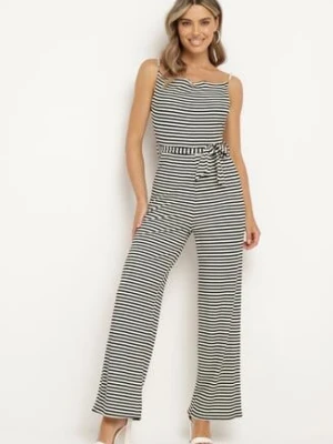 Czarno-Biały Kombinezon na Ozdobnych Ramiączkach z Gumką w Pasie i Materiałowym Paskiem Cinna lovery