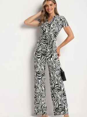 Czarno-Biały Kombinezon o Kopertowym Kroju z Szerokimi Nogawkami Saramla by swan