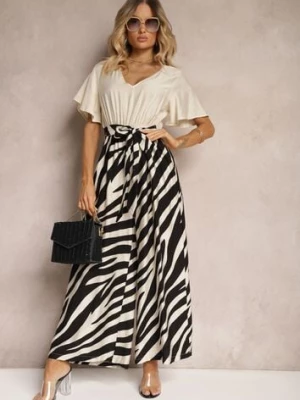 Czarno-Biały Kombinezon z Materiałowym Paskiem i Szerokimi Rękawami Nellda rosa