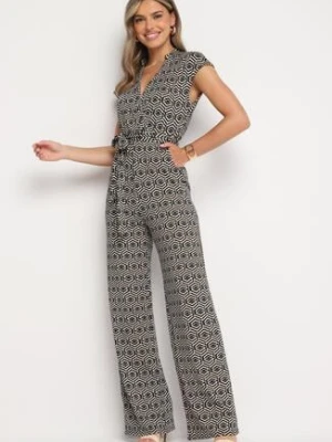 Czarno-Biały Kombinezon z Wiskozą Wiązany w Pasie Sosofia by swan