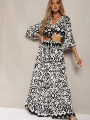 Czarno-Biały Komplet Krótka Bluzka Kopertowy Wiązany pod Biustem Szerokie Spodnie z Gumką w Talii Viknelas