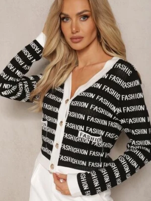 Czarno-Biały Krótki Kardigan z Napisami Fashion i Guzikami Winifa elsa.m by may