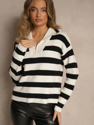 Czarno-Biały Sweter w Paski z Suwakiem przy Dekolcie Ralanae glo-story