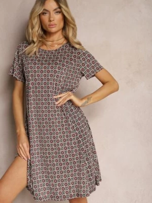 Czarno-Bordowa Rozkloszowana Sukienka w Ornamentalny Wzór z Wiskozy Oflia sweet&girl