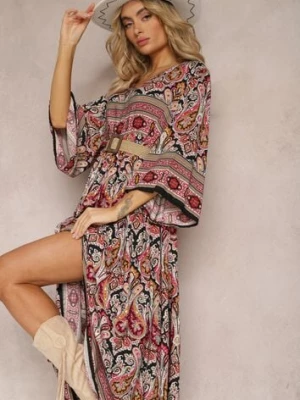 Czarno-Bordowa Rozkloszowana Sukienka we Wzór Paisley z Rękawem 3/4 Briarwa