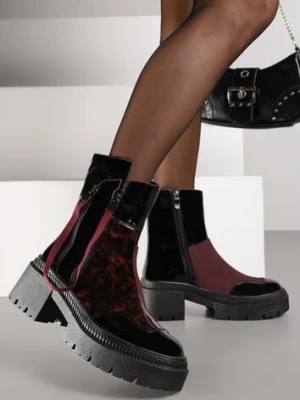 Czarno-Bordowe Botki Lakierowane Vices Ozdobione Tasiemką Rotine