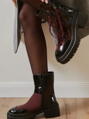 Czarno-Bordowe Lakierowane Botki Vices z Ozdobną Tasiemką Rivavie