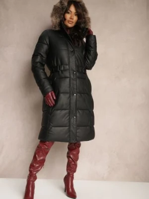 Czarno-Brązowa Kurtka z Pikowanymi Przeszyciami i Kapturem z Futrem z Możliwością Odpięcia Innaia metro five