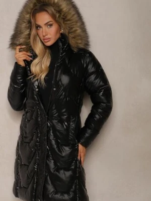Czarno-Brązowa Pikowana Kurtka o Długim Kroju z Kapturem i Odpinanym Futrem Mocno Ocieplana Lillanea j.style