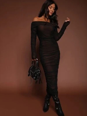 Czarno-Brązowa Siateczkowa Sukienka z Marszczeniami i Odkrytymi Ramionami z Wywiniętym Dekoltem Tinareta