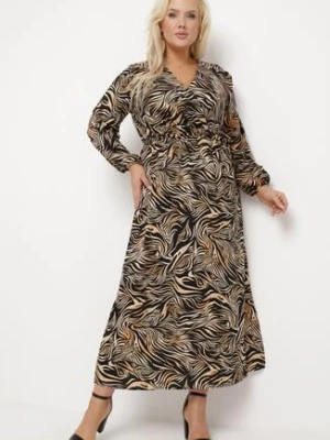 Czarno-Brązowa Sukienka Maxi w Abstrakcyjny Print Wiązana w Pasie Elennora christy
