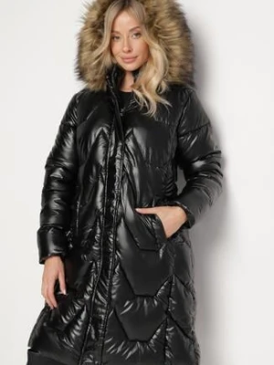 Czarno-Brązowa Zimowa Kurtka Pikowana o Długim Kroju z Kapturem z Odpinanym Futrem Lilareen j.style