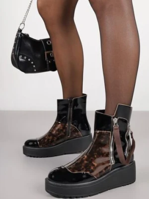 Czarno-Brązowe Botki Lakierowane Vices na Koturnie i Platformie Ozdobione Suwakiem Gattie