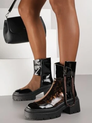 Czarno-Brązowe Botki Lakierowane Vices Ozdobione Tasiemką Rotine