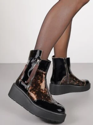 Czarno-Brązowe Lakierowane Botki Vices na Platformie i Koturnie Gamillia