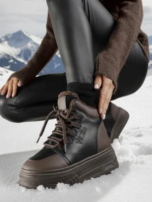 Czarno-Brązowe Sneakersy Śniegowce Vices na Grubej Podeszwie z Tłoczeniem Ozdobione Napisem Fettania