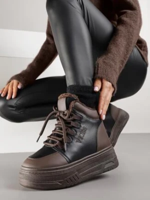 Czarno-Brązowe Sneakersy Śniegowce Vices na Grubej Podeszwie z Tłoczeniem Ozdobione Napisem Fettania