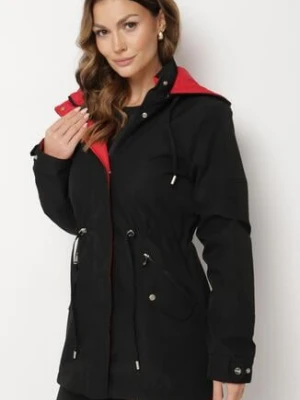 Czarno-Czerwona Dwustronna Kurtka Parka z Odpinanym Kapturem Ściągana Sznurkiem Camaria jstyle