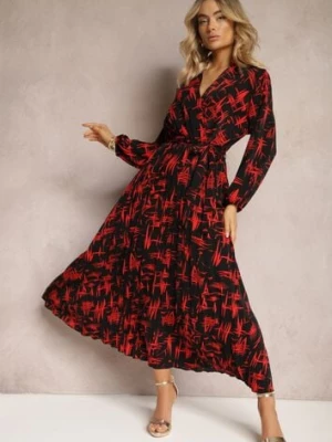 Czarno-Czerwona Kopertowa Sukienka Maxi z Plisowanym Dołem i Gumką w Talii Amillica