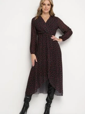 Czarno-Czerwona Kopertowa Sukienka w Kropki z Gumką w Talii i Asymetrycznym Dołem Neladi lovery