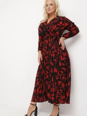 Czarno-Czerwona Rozkloszowana Sukienka Maxi z Gumką w Talii i Abstrakcyjnym Wzorem Akallia