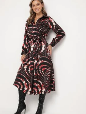 Czarno-Czerwona Rozkloszowana Sukienka o Koszulowym Kroju z Gumką w Pasie w Abstrakcyjny Wzór Daltinnia bisou's project