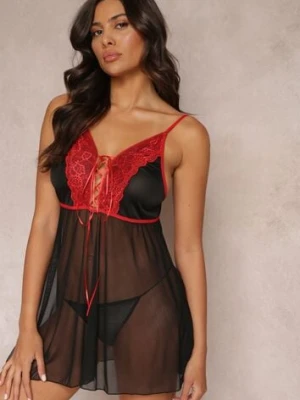 Czarno-Czerwona Siateczkowa Koszula Nocna ze Stringami Ozdobiona Koronką Amaira han