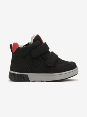 Czarno-Czerwone Botki Clibee w Stylu Sneakersów na Płaskiej Podeszwie z Tłoczeniem Romitha