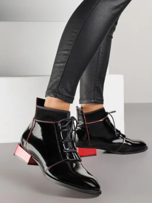 Czarno-Czerwone Lakierowane Botki Vices ze Sznurowaną Cholewką Senilea