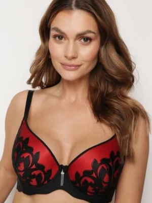 Czarno-Czerwony Biustonosz Full Cup z Delikatną Koronką Timaole