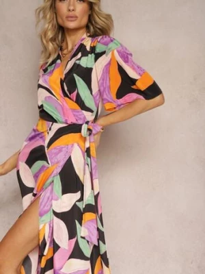 Czarno-Fioletowa Kopertowa Sukienka z Materiałowym Paskiem w Talii Ruspia retro & icone