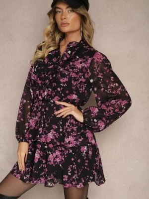 Czarno-Fioletowa Sukienka o Rozkloszowanym Kroju w Kwiaty z Gumką w Pasie Ozdobiona Falbankami Zinilita retro & icone