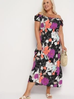 Czarno-Fioletowa Sukienka z Bawełny o Rozkloszowanym Kroju z Gumką w Talii Euretta generation