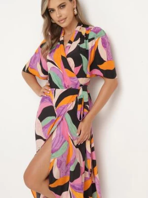 Czarno-Fioletowa Sukienka z Kopertowym Dekoltem i Wiązaniem w Talii Quopia retro & icone