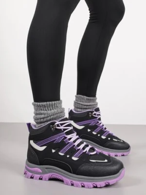Czarno-Fioletowe Buty Trekkingowe Traperki Vices ze Sznurowaną Cholewką Afellie