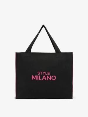 Czarno-Fuksjowa Torebka Shopper Materiałowa z Napisem Zasuwana Saliretia