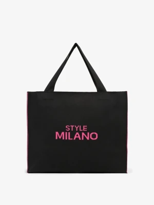 Czarno-Fuksjowa Torebka Shopper Materiałowa z Napisem Zasuwana Saliretia Versoli