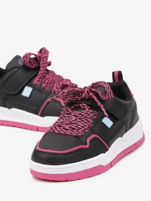 Czarno-Fuksjowe Płaskie Buty Sportowe Sneakersy z Perforacją i Sznurowaniem Florenne