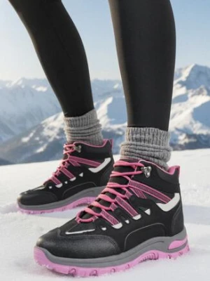 Czarno-Fuksjowe Sznurowane Buty Trekkingowe Traperki Vices na Grubej Podeszwie Afertie