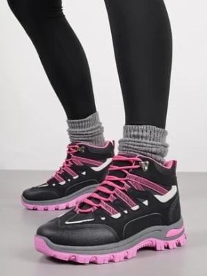 Czarno-Fuksjowe Sznurowane Buty Trekkingowe Traperki Vices na Grubej Podeszwie Afertie