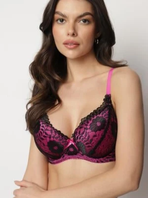 Czarno-Fuksjowy Biustonosz Typu Full Cup z Ozdobną Koronką Lanithiel han