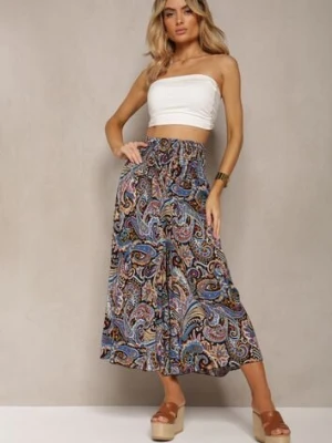 Czarno-Granatowe Spodnie Culottes z Bawełnianej Tkaniny Ozdobione Wzorem Paisley Gwinamas defox