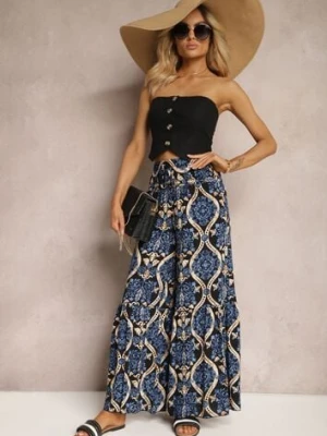 Czarno-Granatowe Spodnie Szerokie z Wiskozy w Ornamentalny Wzór High Waist Cramelia