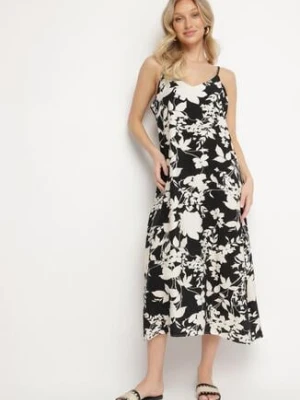 Czarno-Kremowa Rozkloszowana Sukienka z Wiskozą w Kwiatowy Wzór Juliade h&s