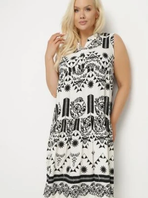 Czarno-Kremowa Sukienka o Rozkloszowanym Kroju Bez Rękawów w Etniczny Wzór Revarise h&s