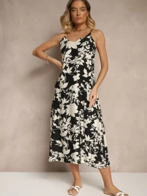 Czarno-Kremowa Sukienka z Wiskozą o Rozkloszowanym Kroju w Kwiaty Thirimi h&s